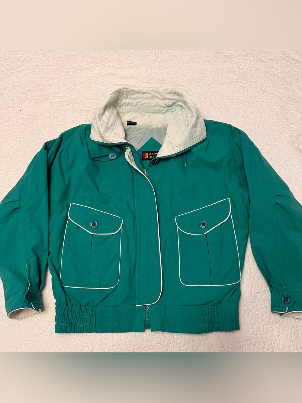 Andy Johns vintage jacket 80s / 90s windbreaker retro teal & white w / pockets L